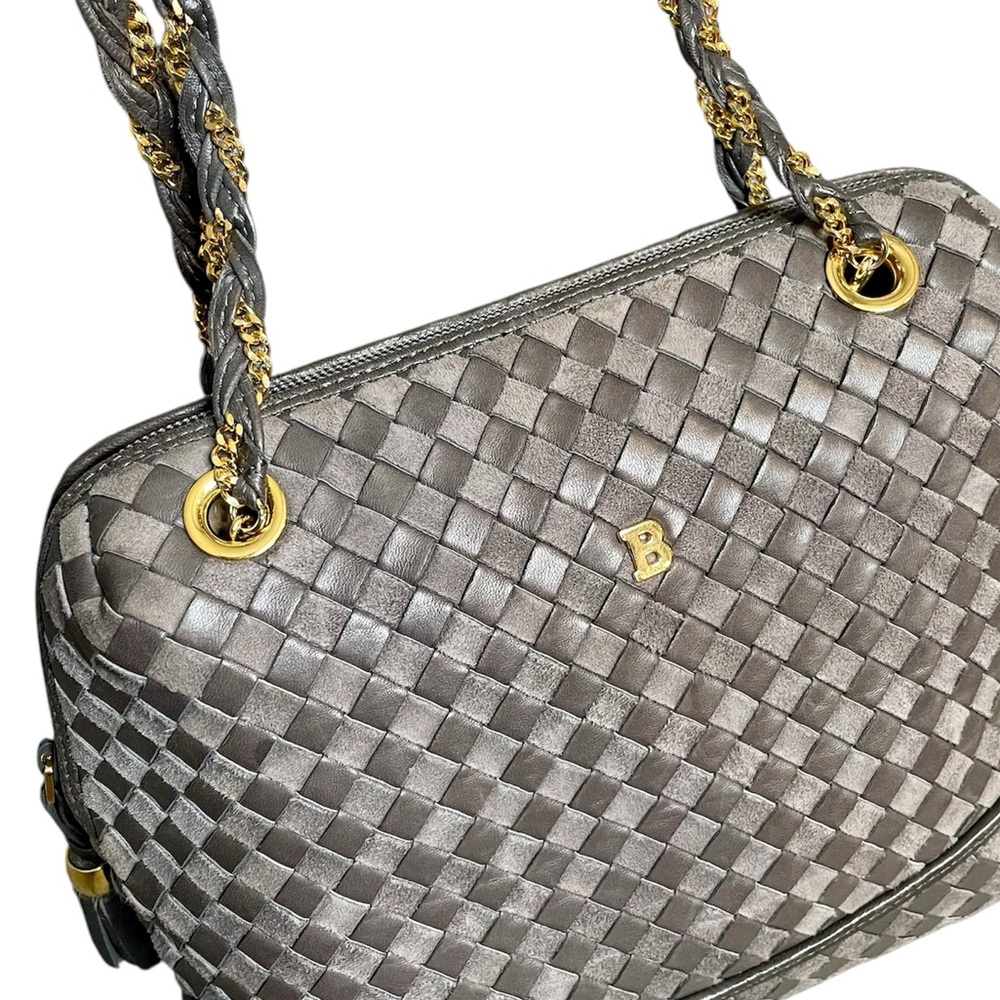 Bally Gray Woven Leather & Suede Vintage Intrecciato Double Strap Shoulder Bag - Picture 3 of 14